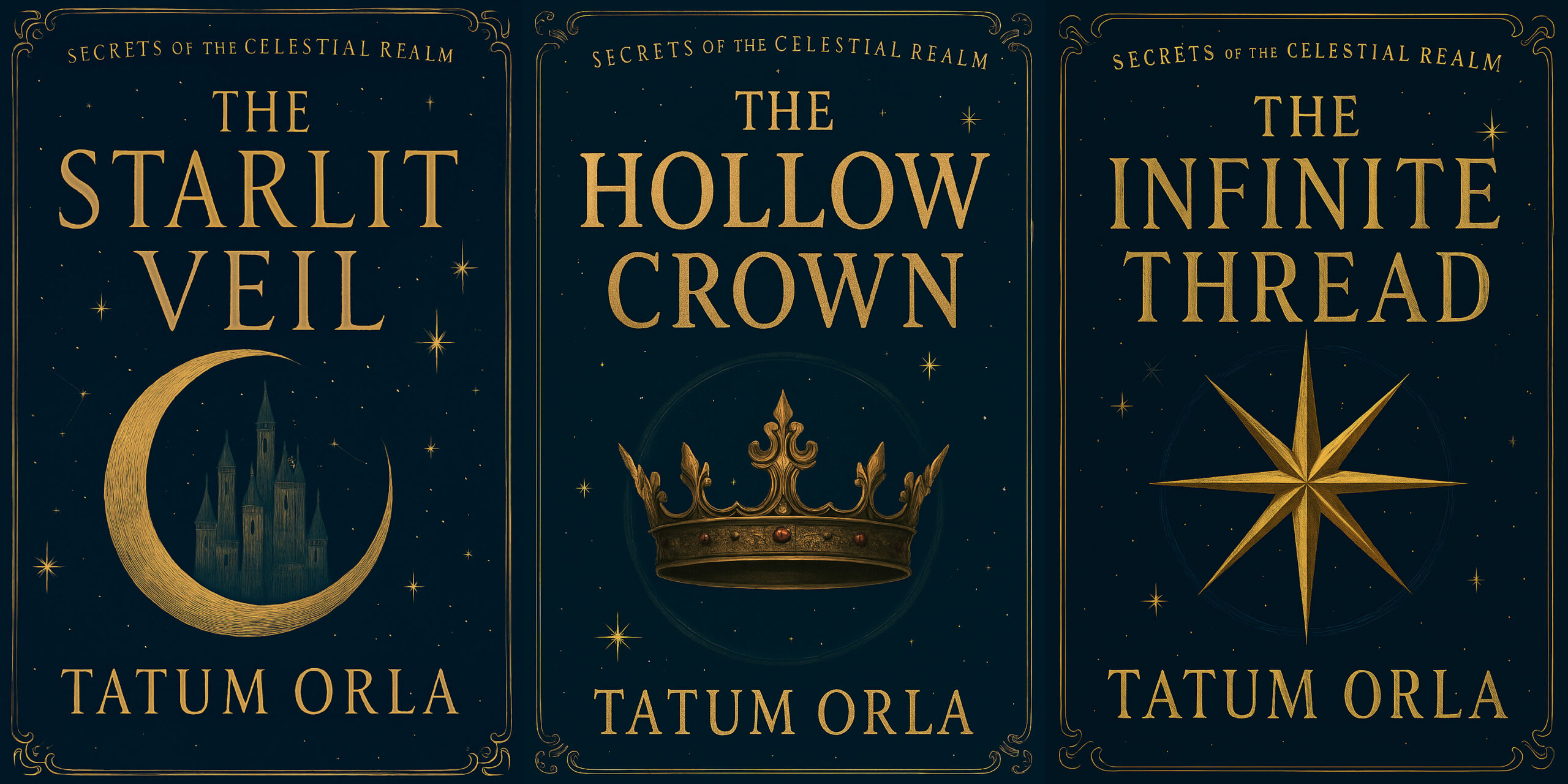 Collage of the book covers in the Secrets of the Celestial Realm trilogy: The Starlit Veil, The Hollow Crown and The Infinite Thread. All by the author, Tatum Orla.