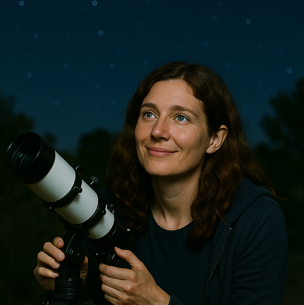 Tatum Orla outside at night stargazing with a telescope.